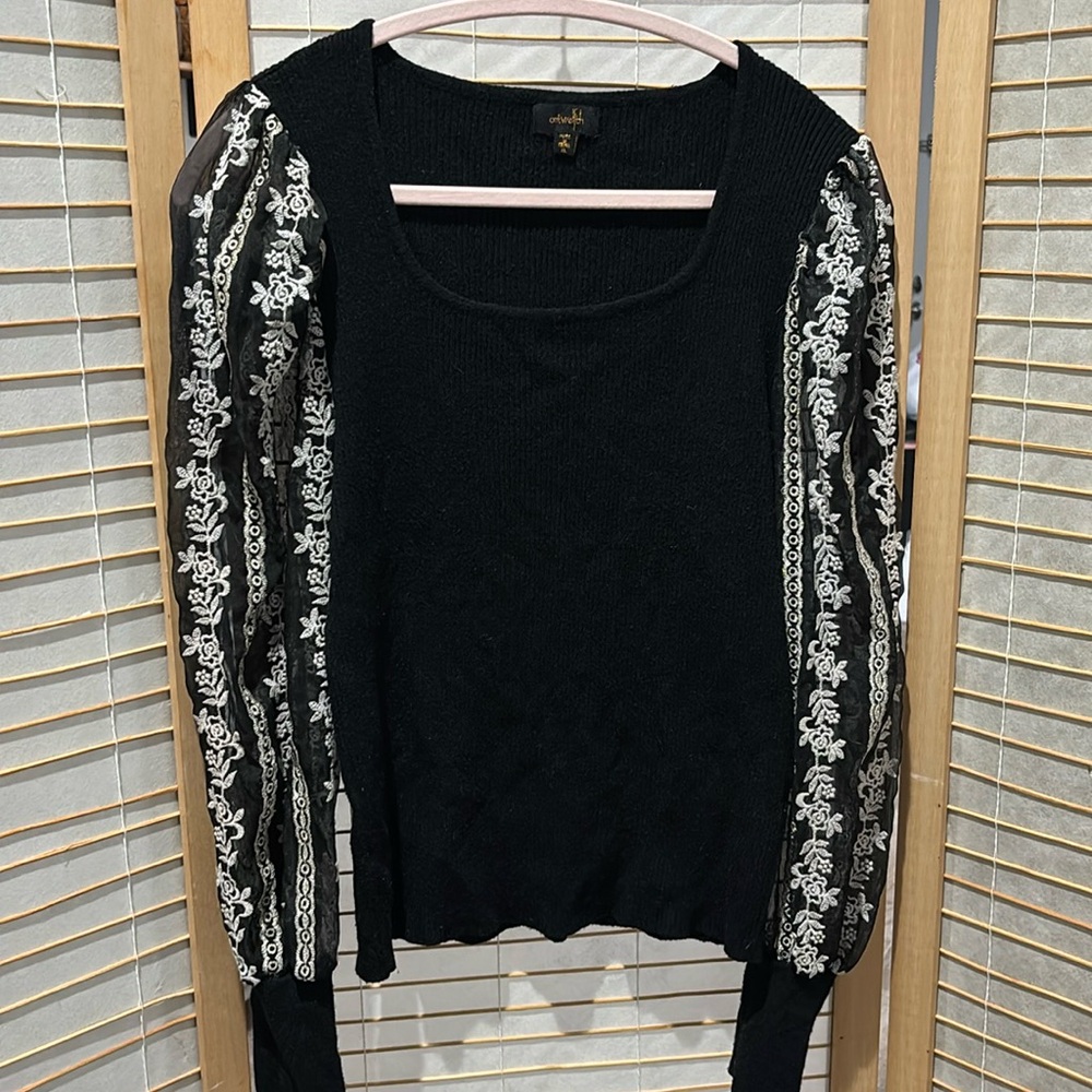 Black fall sweater shirt with embroidered sheer sleeves